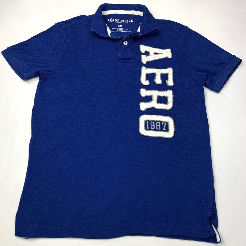 Aeropostale Mens Blue Aero 1987 Graphic Polo Shirt Size M Medium Slub Cotton